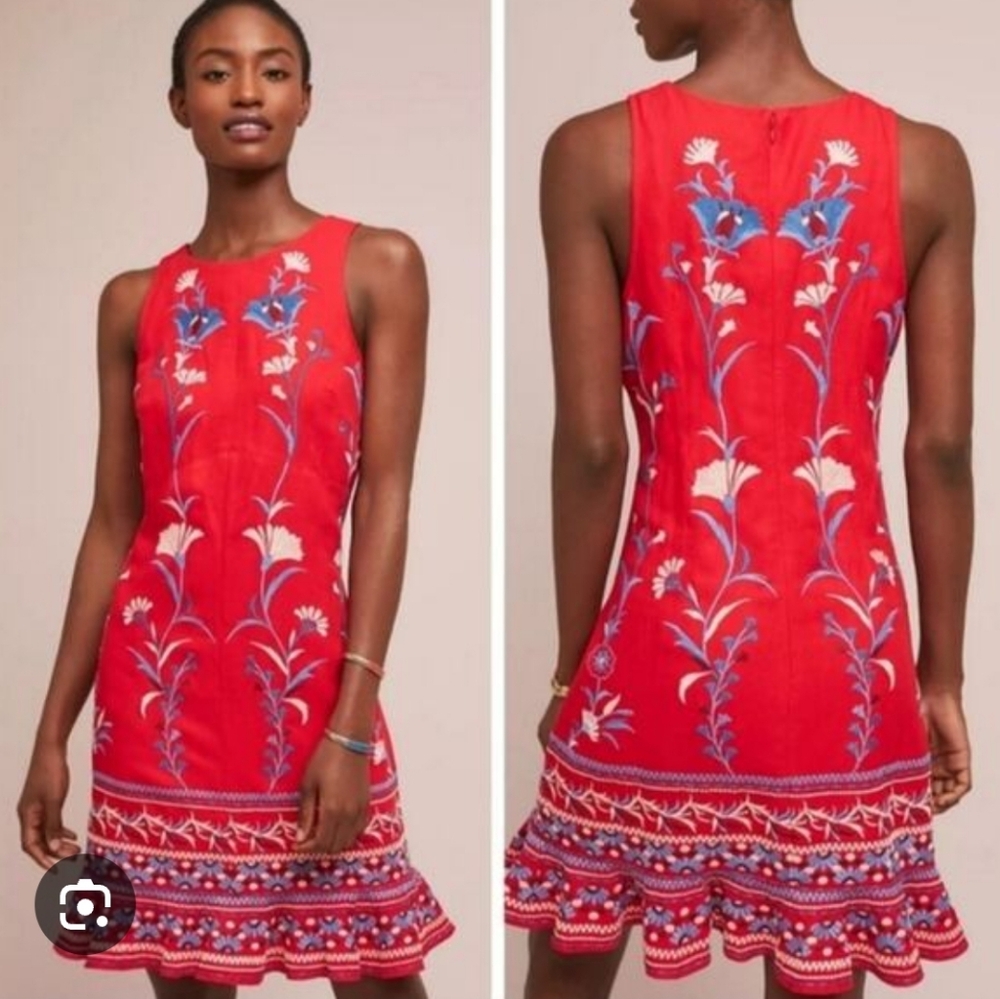 Anthropologie Red Sleeveless Embroidered Midi Dress